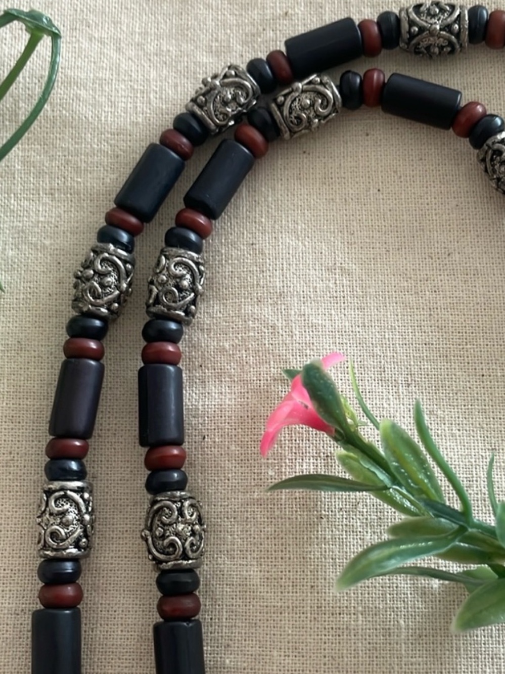 Handmade 3-Tone Choker - Black/Brown, Beads and Metal Accent Beads